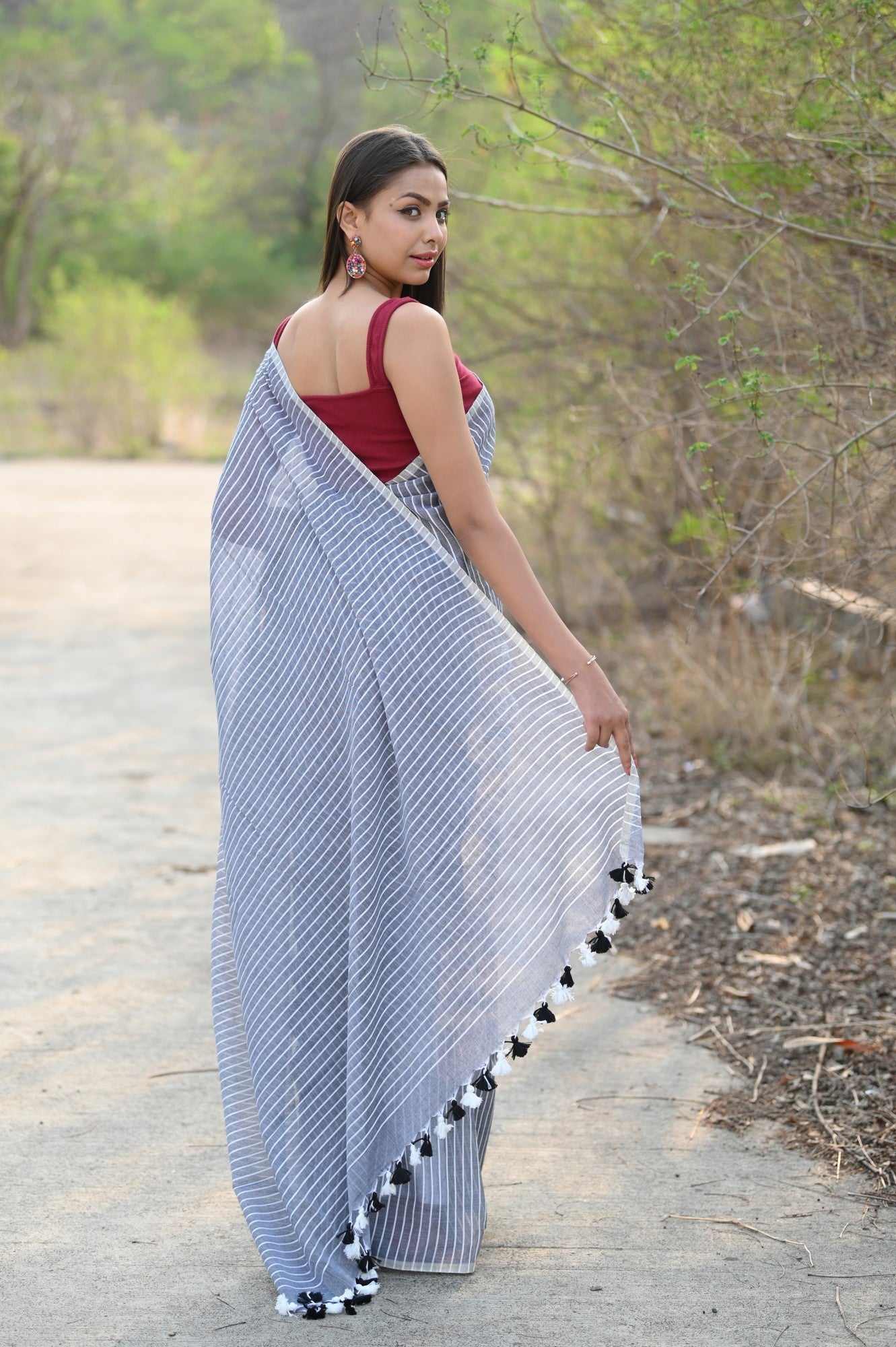 Very Much Indian Designer Pure Cotton Sarees with All over Linear Stripes - Sage Grey | Swadesiicart