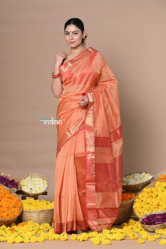 Very Much Indian Rajsi - Handloom Ari Checks Cotton Silk Saree with Golden Border in Orange | Swadesiicart