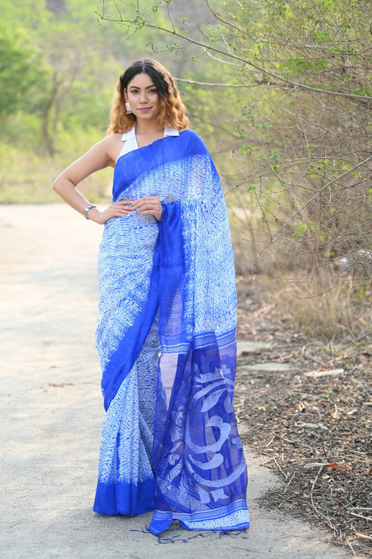 Very Much Indian Pure Matka Silk Handloom Jamdhani with Shibori Tie & Dye (with Silk Mark) - Cerulean Blue | Swadesiicart