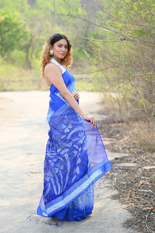 Very Much Indian Pure Matka Silk Handloom Jamdhani with Shibori Tie & Dye (with Silk Mark) - Cerulean Blue | Swadesiicart
