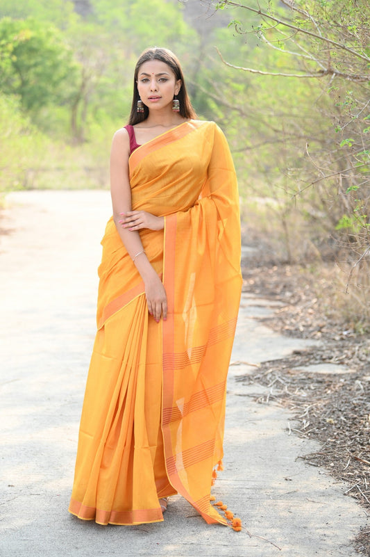Very Much Indian Designer Pure Cotton Sarees with Classic Pallu - bright orange | Swadesiicart