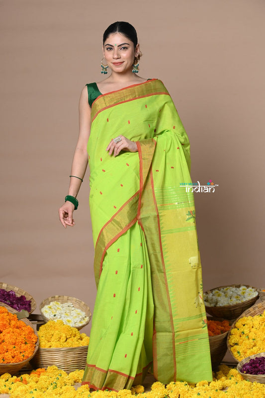 Very Much Indian Rajsi - Handloom Pure Cotton Paithani With Pichwai Pallu - Lime Green | Swadesiicart
