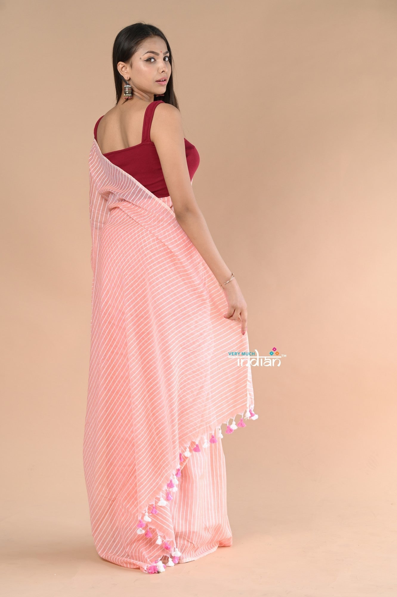 Very Much Indian Designer Pure Cotton Sarees with All over Linear Stripes - Peach | Swadesiicart
