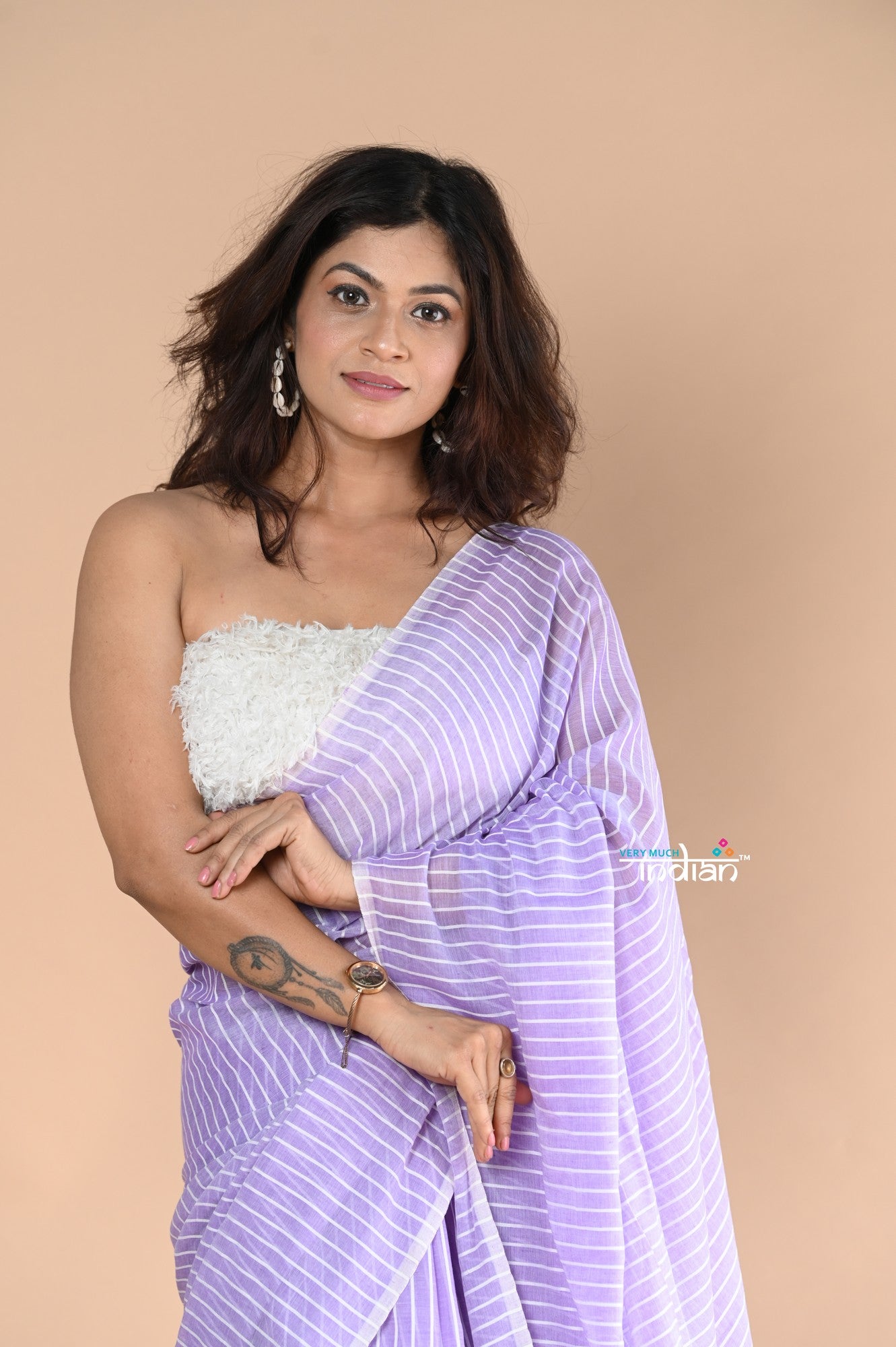 Very Much Indian Designer Pure Cotton Sarees with All over Linear Stripes - lavender | Swadesiicart