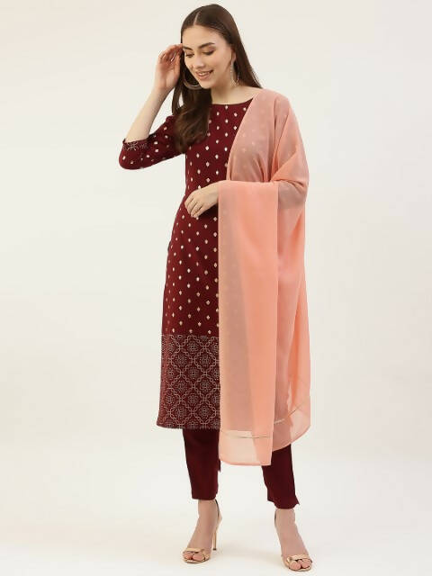 FIORRA Women's Maroon Poly Crepe Straight Kurta Pant With Dupatta - Swadesiicart