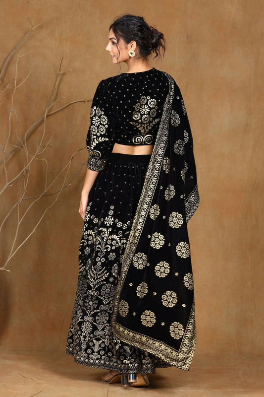 Juniper Women Black Velvet Printed Flared Lehenga Choli Sets | Swadesiicart