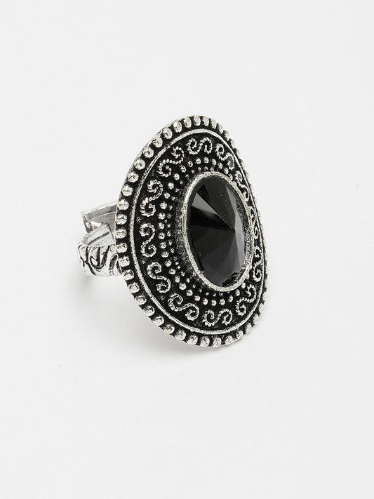 NVR Women's Black Silver-Toned German Silver Adjustable Finger Ring | Swadesiicart