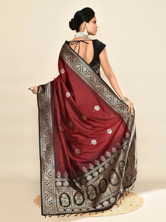 Joban Fashion Maroon & Black Plain With Weaving Border Banarasi Silk Sarees | Swadesiicart