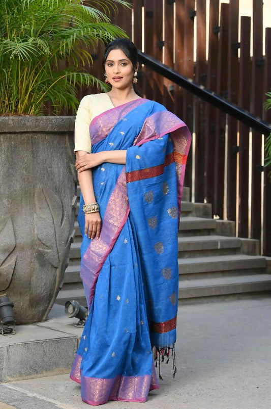 Beatitude Blue Cotton Banarasi Saree | Swadesiicart