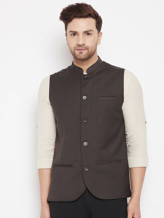 Even Apparels Brown Merino Men Woven Nehru Jacket | Swadesiicart