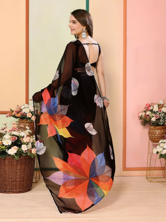 Black Georgette Designer Printed Ready To Wear Saree - Elite | Swadesiicart