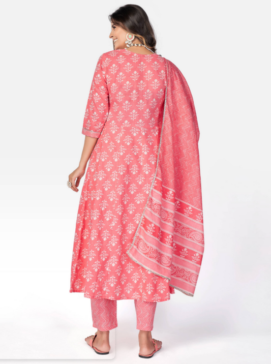NOZ2TOZ Women Pink Anarkali Cotton Kurta With Pant & Dupatta (3pcs Set) - Swadesiicart