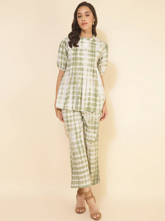 Janasya Women's Off White Cotton Tie & Dye Casual A-line Co-ords - Swadesiicart