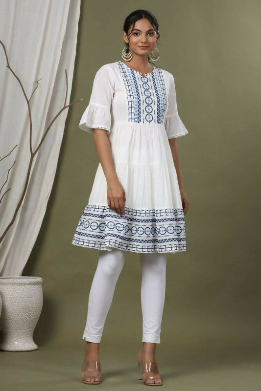 Juniper Sky Blue Cotton Dobby Festive Embroidered Tiered Dress For Women | Swadesiicart