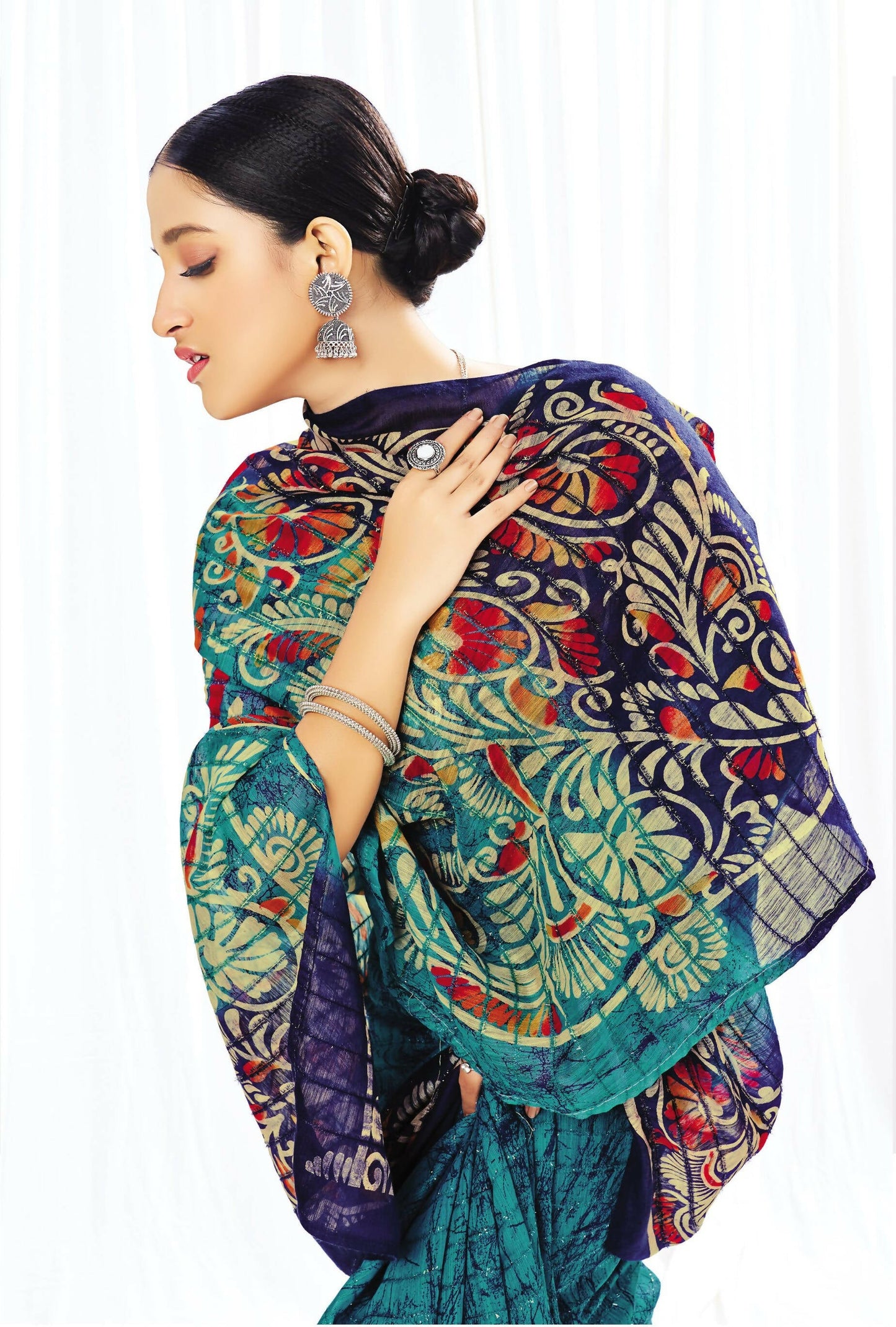 Blue Chanderi Cotton Floral Printed Saree With Unstitched Blouse Piece - Kathika