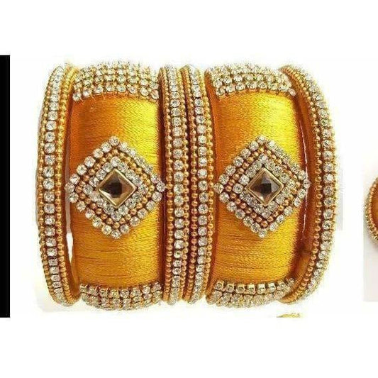 Yellow Color Silk Threaded with Diamond shape White Stone Bangles