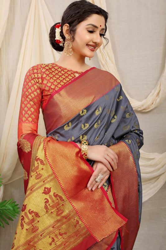 Jyoti Fashion Women's Grey Banarasi Silk Zari Woven Saree with Blouse | Swadesiicart