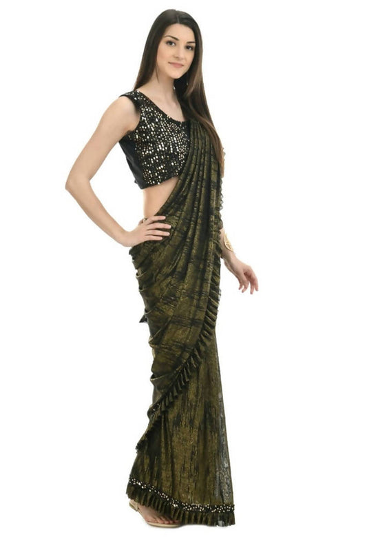 Mominos Fashion All Season Wear Olive Green And Black Ruffled Ready To Wear Saree - Mominos Fashion