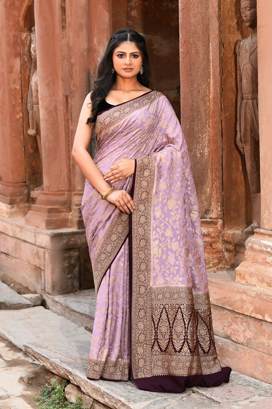 Joban Fashion Nude Pink Crepe Chiffon Pure Handloom Banarasi Silk Saree | Swadesiicart