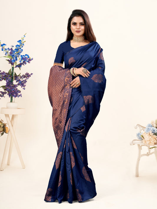 Vedant Vastram Litchi Silk Designer Banarasi Saree - Navy | Swadesiicart