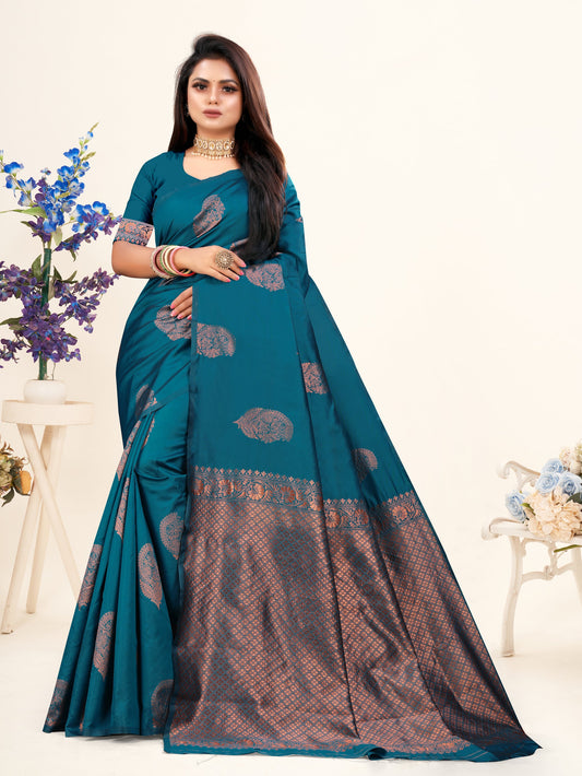 Vedant Vastram Litchi Silk Designer Banarasi Saree - Rama | Swadesiicart