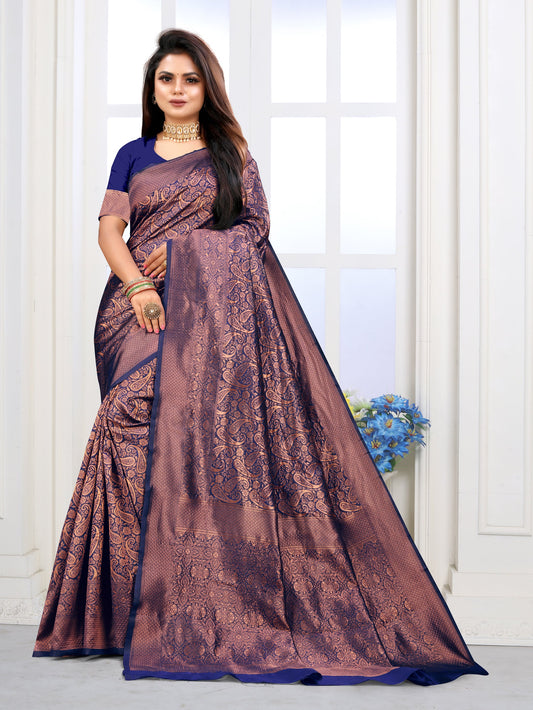 Vedant Vastram Litchi Silk Designer Banarasi Saree - Navy | Swadesiicart