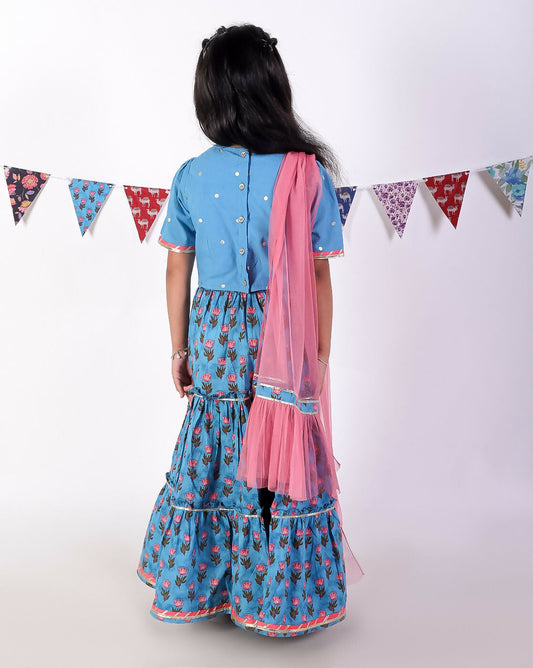 Lil Drama Jaipur Print Stylish Cotton Lehanga with Choli and Net Dupatta Set for Girls - Blue
