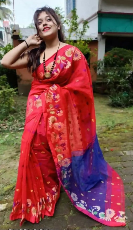 Exclusive Collection Red Beautiful Handloom Silk Cotton Saree - Swadesiicart