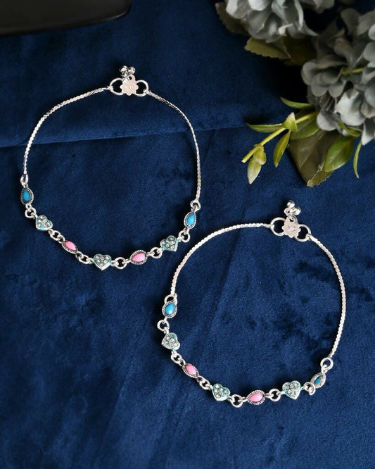 VOJ Set of 2 Silver Plated Heart Shaped Meenakari Anklet - Swadesiicart