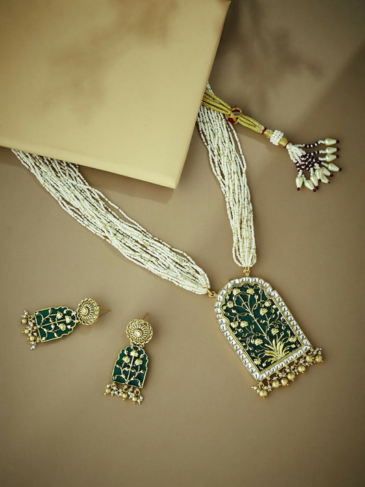 Nuyug 22K Gold-Plated Pearl Beaded Strings Green Enamel Pendant with Floral Motifs Necklace Set | Swadesiicart