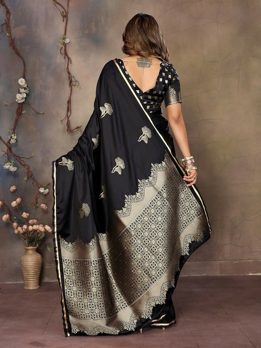 Joban Fashion Black Floral Motifs Banarasi Silk Sarees | Swadesiicart
