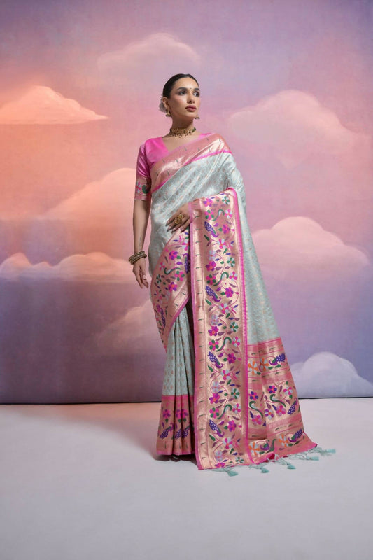 Vishnu Weaves Women's Sea-Green Paithani Silk Zari Woven Saree with Blouse - Swadesiicart