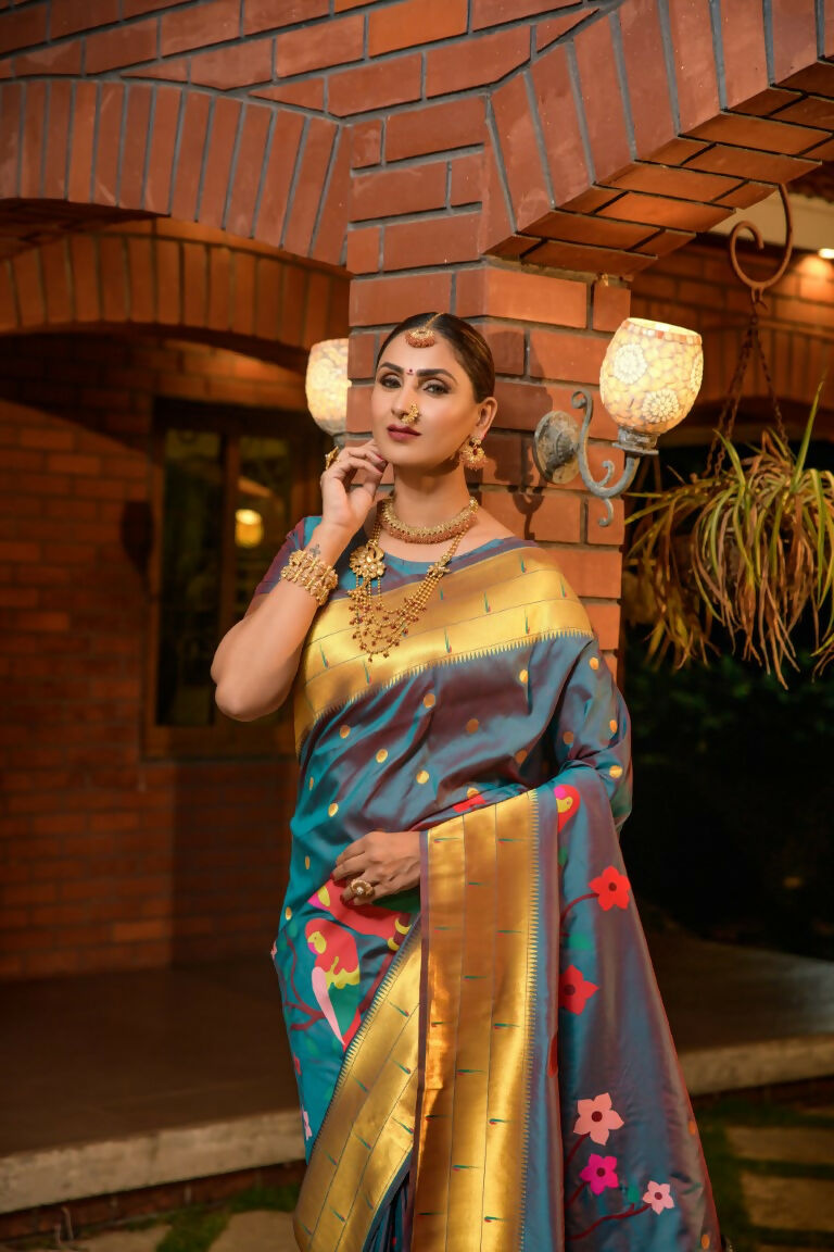 Jyoti Fashion Women's Teal Paithani Silk Zari Woven Saree with Blouse | Swadesiicart