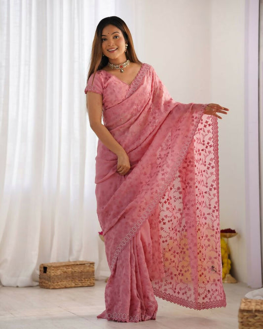 Vamsee Padma Pink Crunchy Satin Saree - Swadesiicart