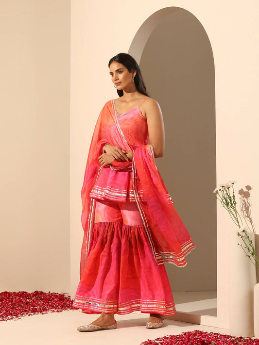 Pomcha Jaipur Pink Gul Bahaar Sharara Set | Swadesiicart