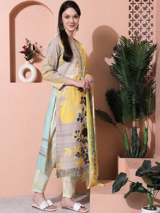 Jyoti Fashion Women's Multicolor Cotton Floral Digital Print & Floral Embroidered Cutwork Border Sequins Work Kurta with Trouser & Dupatta
