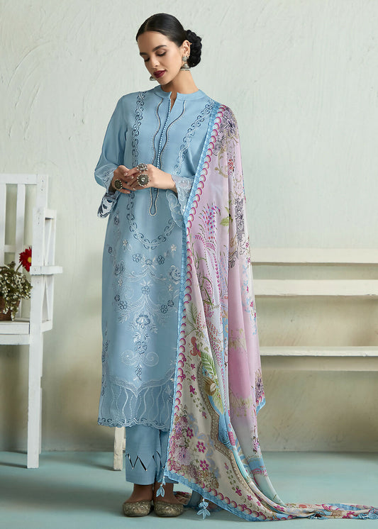 Powder Blue Pure Muslin Resham Embroidered Salwar Suit - Emponline | Swadesiicart
