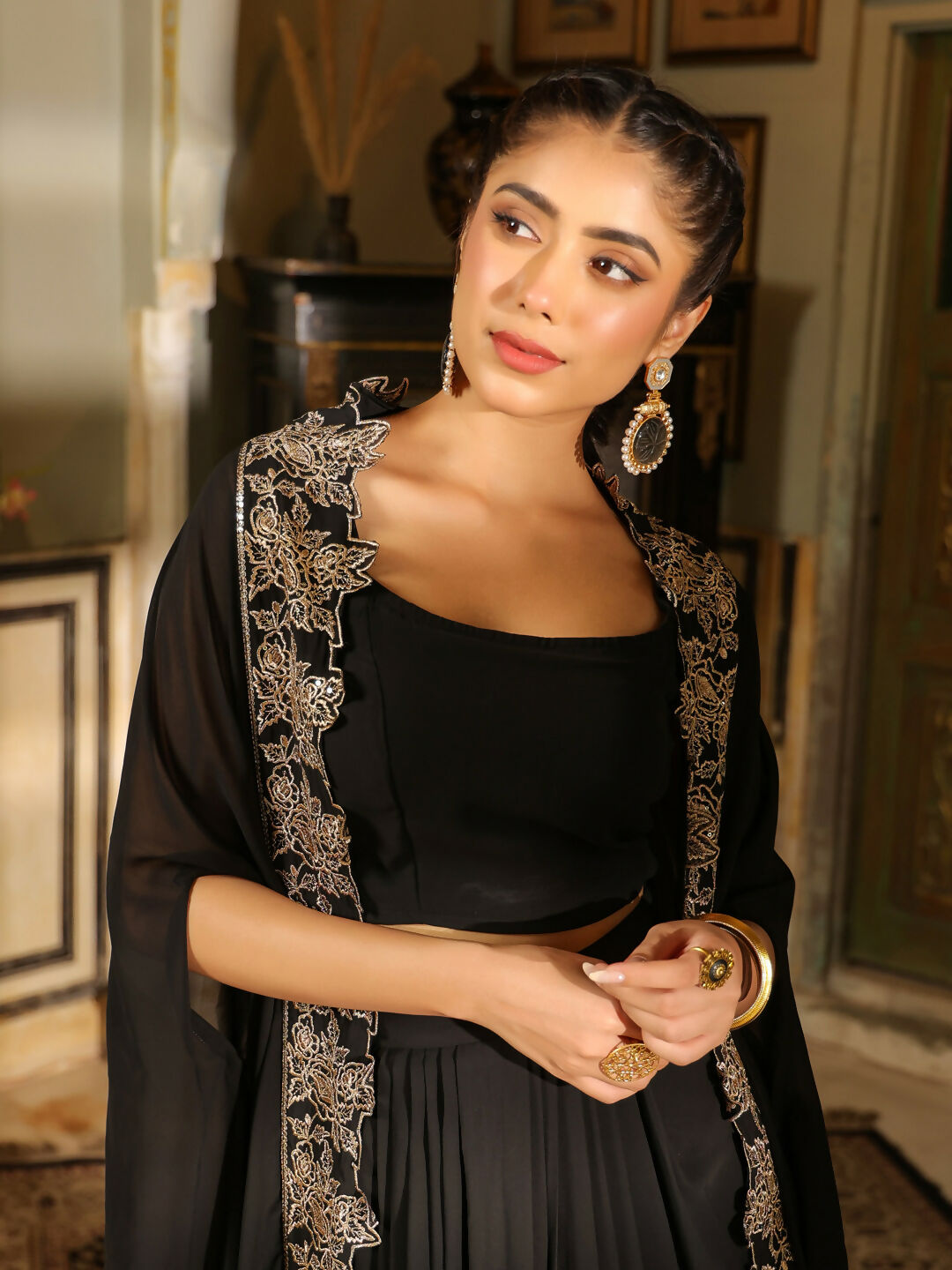 Janasya Black Georgette Solid Top Bottom Cape | Swadesiicart