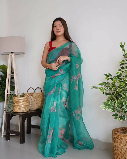 Vamsee Aqua Green Organza Saree - Swadesiicart