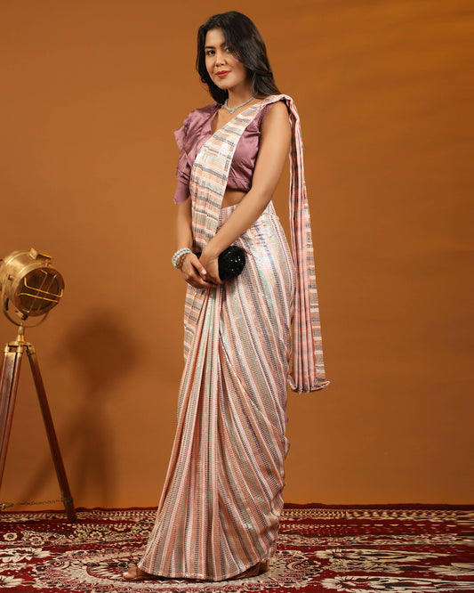 Peach Pure Georgette Sequence work Ready to wear Saree with stitched Blouse - Satiksha | Swadesiicart