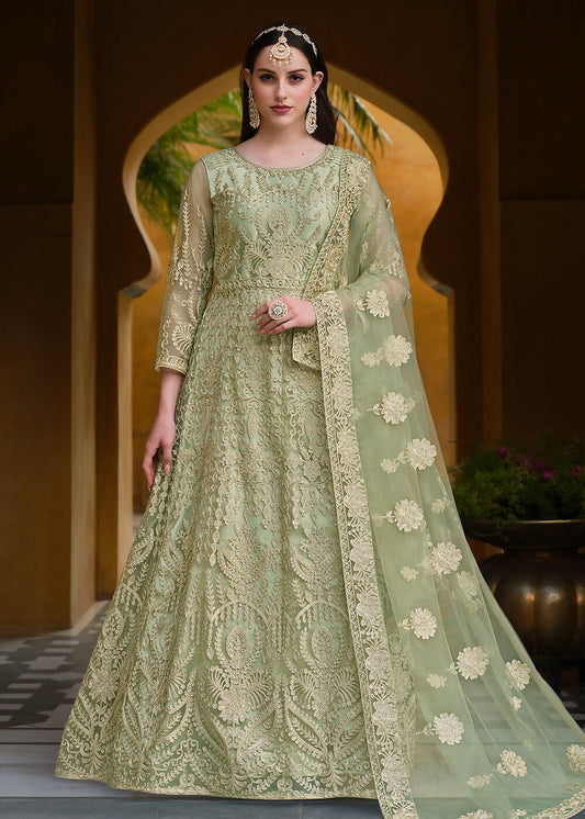 Pista Green Pure Butterfly Net Wedding Wear Anarkali Suit - Emponline | Swadesiicart