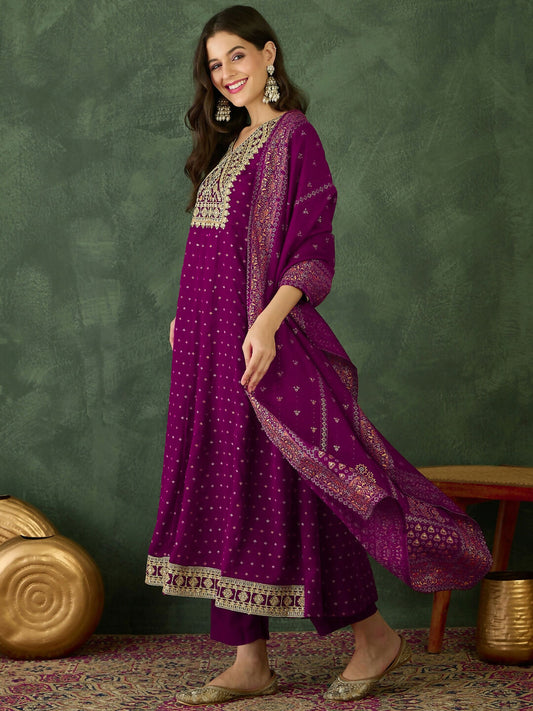 The52 Wine Women's Gorgeous Embroidered Work Vichitra Silk Fabric Flared Kurta Pant and Dupatta Set - Swadesiicart