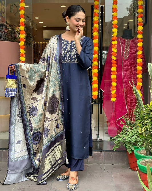 The52 Navy Blue Women's Beautiful Viscose Chanderi Fabric Embroidered Work Straight Kurta Pant and Dupatta Set - Swadesiicart