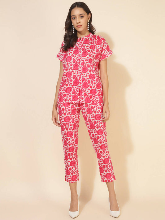 Janasya Women's Pink and White Cotton Printed Casual Regular Co-ords - Swadesiicart