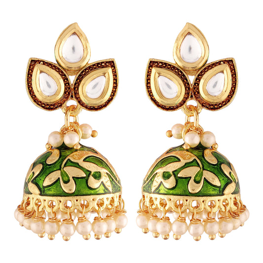 Gold-Polished Meena Work Pearl Studded Jhumki Earring For Women - Wahe Jewels - Swadesiicart