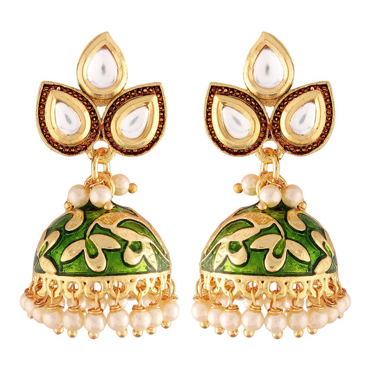 Gold-Polished Meena Work Pearl Studded Jhumki Earring For Women - Wahe Jewels