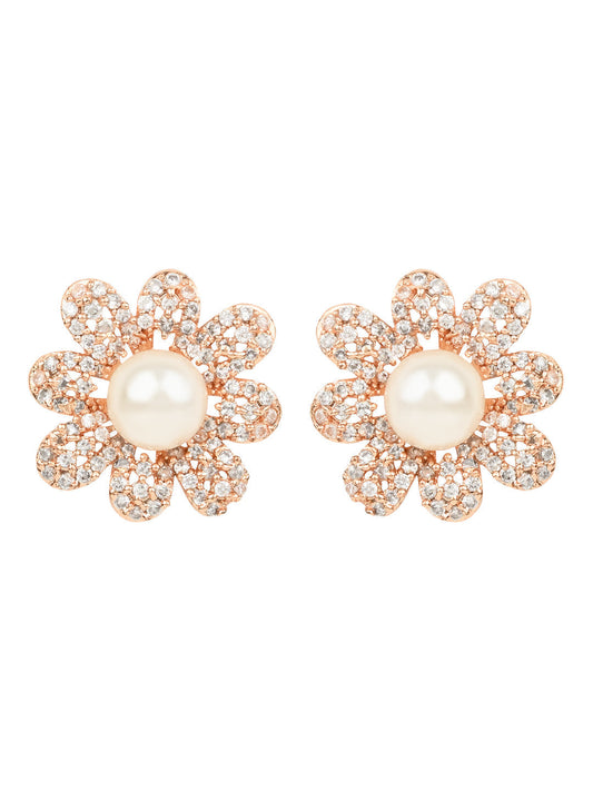 Stylish Latest Fashion Rose Gold-Polished & White Floral Studs Earrings for Women - Wahe Jewels - Swadesiicart