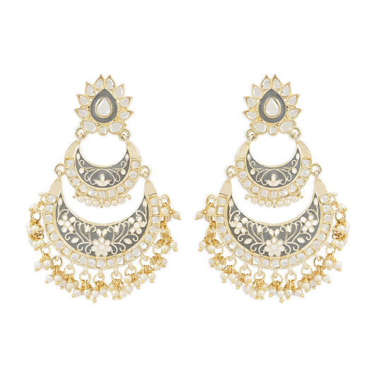 Gold-Polished Intricately Designed Traditional Meenakari Earrings Glided With Kundans & Pearls - Wahe Jewels - Swadesiicart