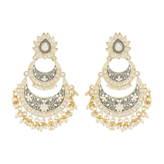 Gold-Polished Intricately Designed Traditional Meenakari Earrings Glided With Kundans & Pearls - Wahe Jewels