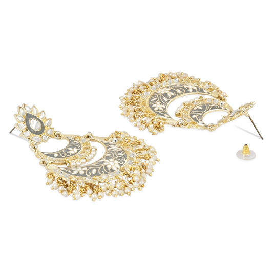 Gold-Polished Intricately Designed Traditional Meenakari Earrings Glided With Kundans & Pearls - Wahe Jewels - Swadesiicart